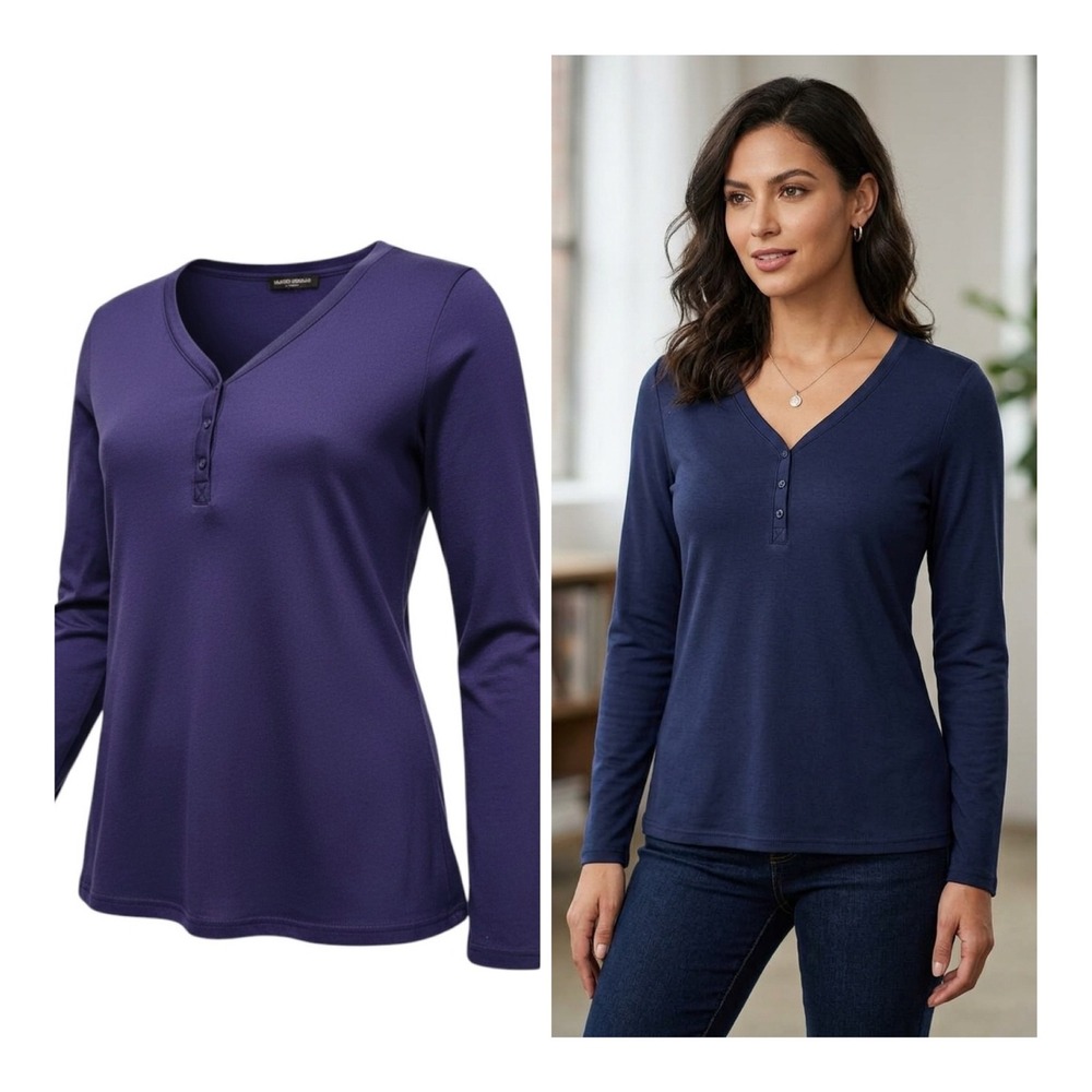 Blue Long Sleeve Henley Top Mario Serrani Italy Womens Indigo Size Medium